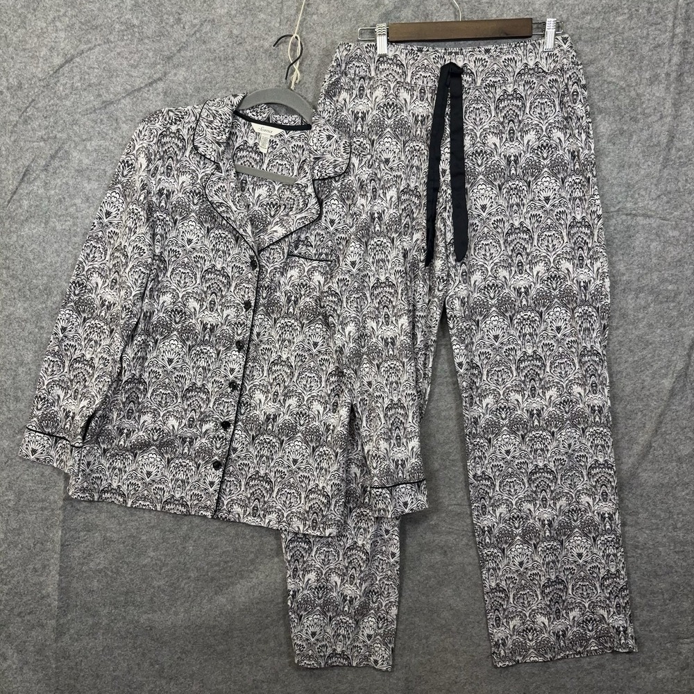 Soma Pajama Set Womens Sz Med Long Black Gray Damask Print Pockets - SIZE NOTE